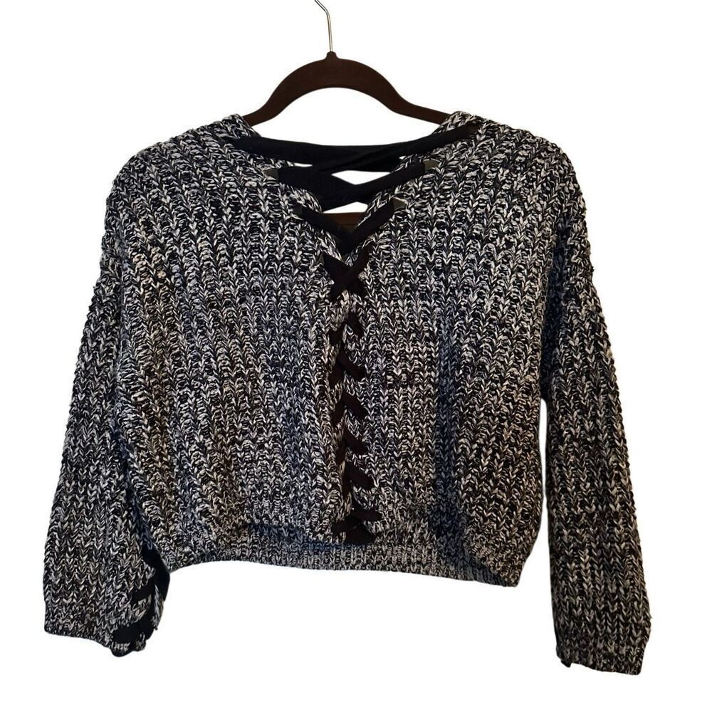 Witty Fox Black & White Marled Lace-Up Cropped Sweater XL